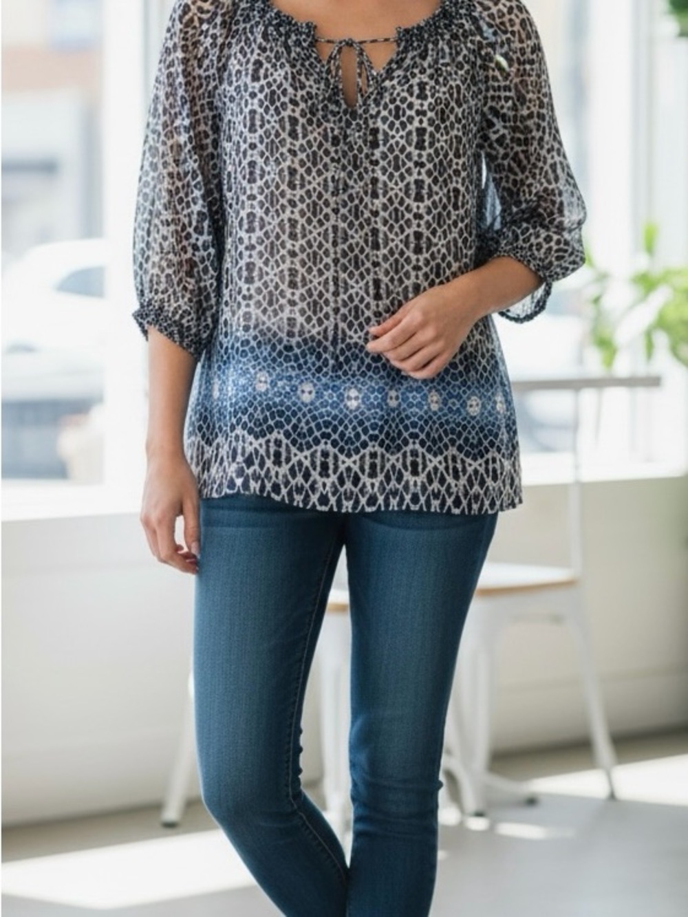 Aqua Blue and White Printed Tie-Neck Tunic